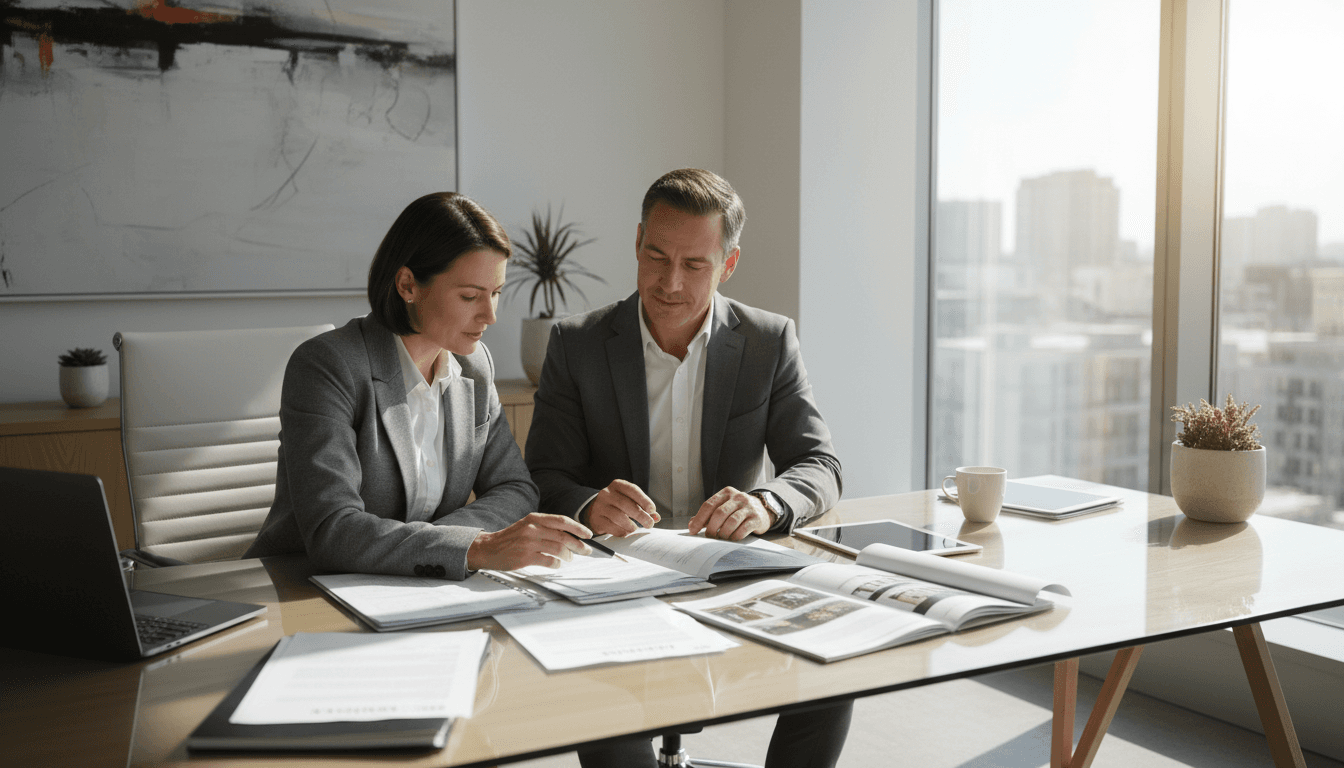 Real estate agent explaining financing paperwork to a client at a bright modern office