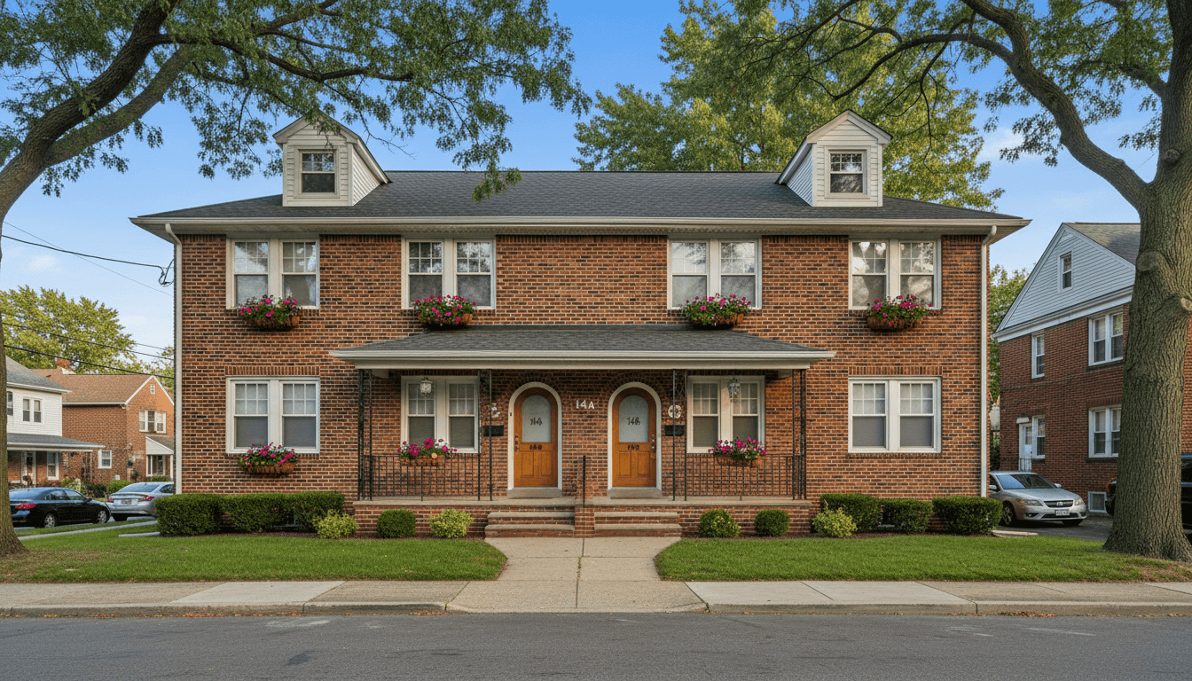 Two-story multifamily residential building with brick exterior in a New Jersey neighborhood
