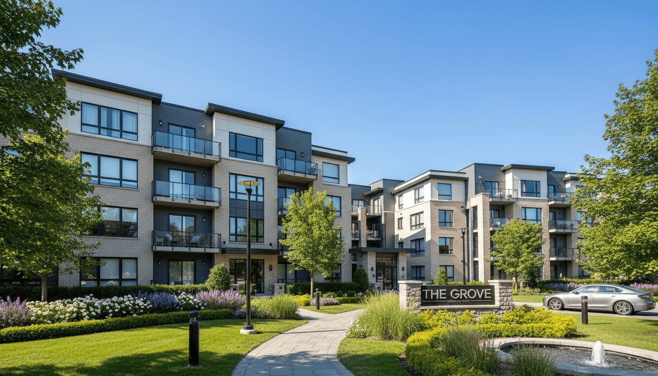Multi-family residential buildings with landscaping in bright daylight