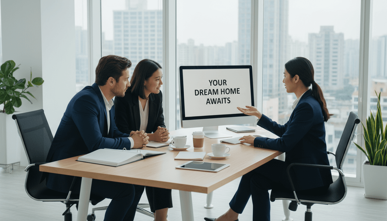 Professional real estate agent consulting with clients at a bright modern desk