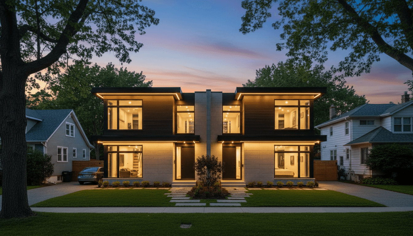 Modern duplex house exterior with warm evening lighting in a residential neighborhood