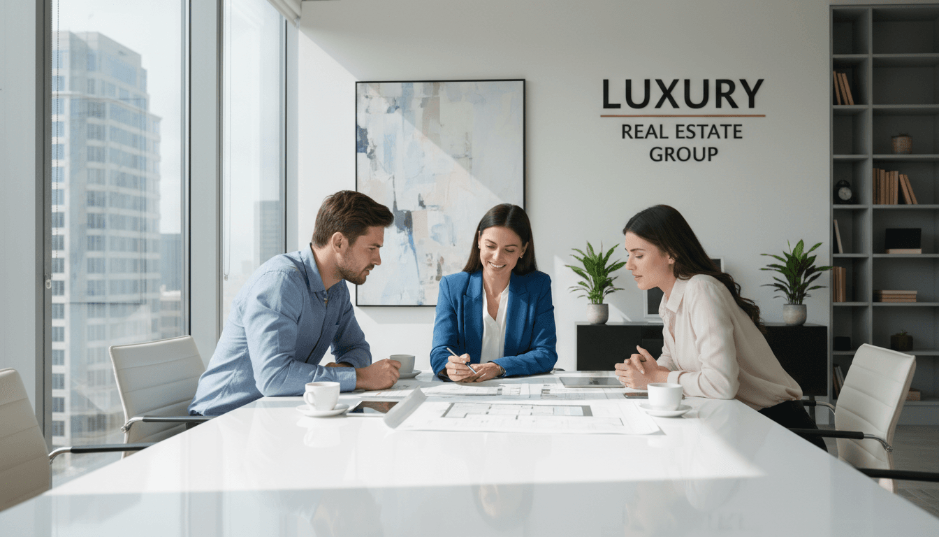 Real estate agent reviewing property documents with clients at a bright office desk
