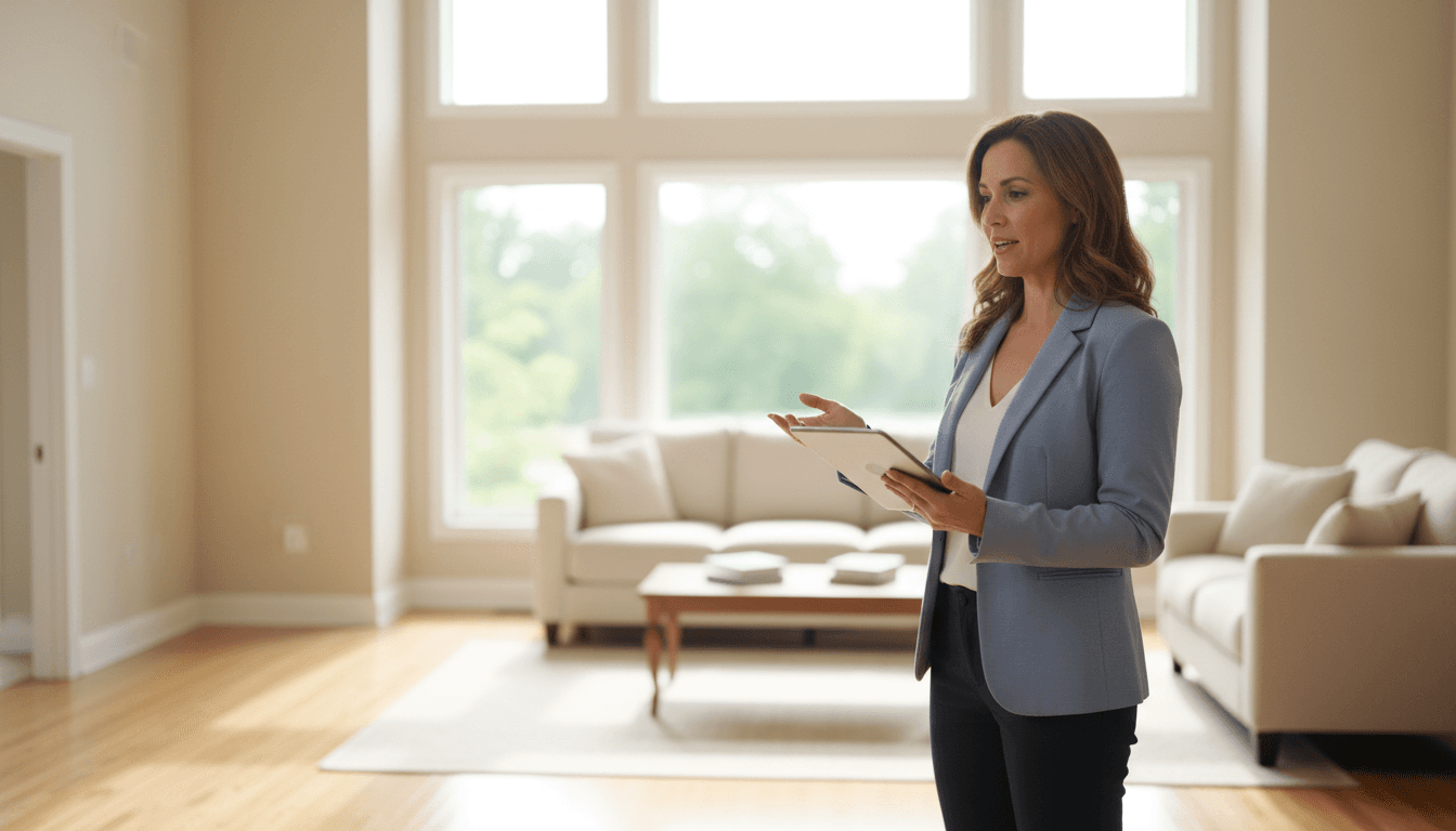 Real estate agent showing a property walkthrough on a tablet