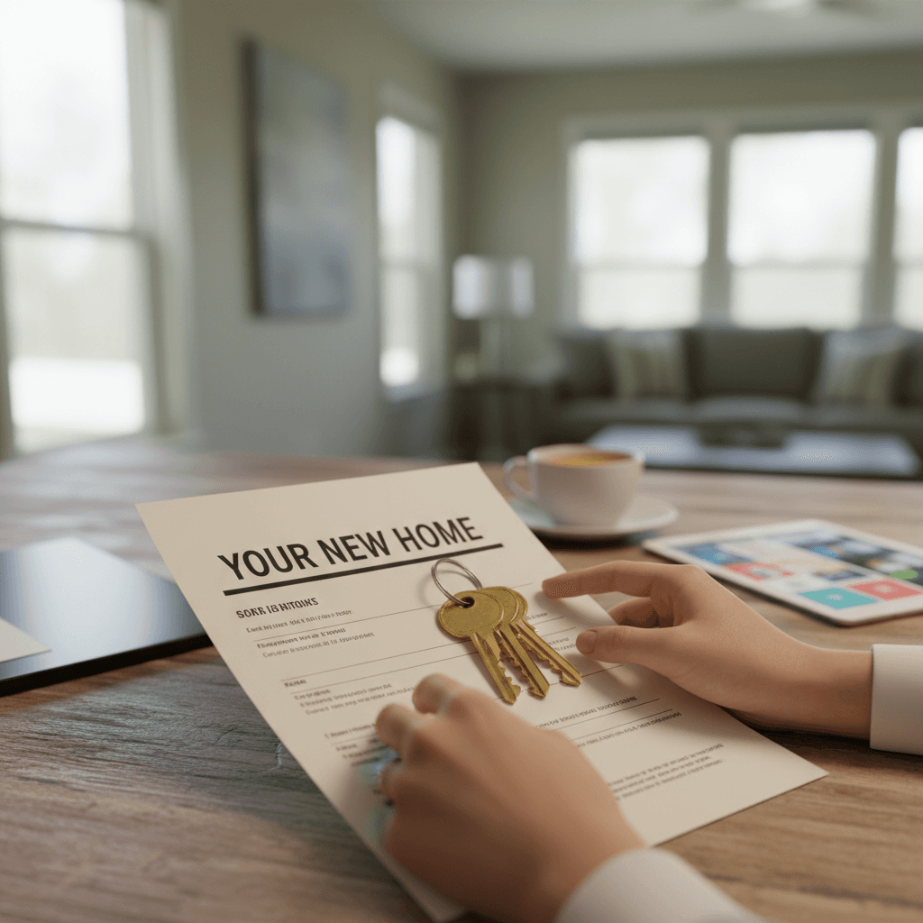 Real estate agent placing a house key on a table inside a sunlit New Jersey home